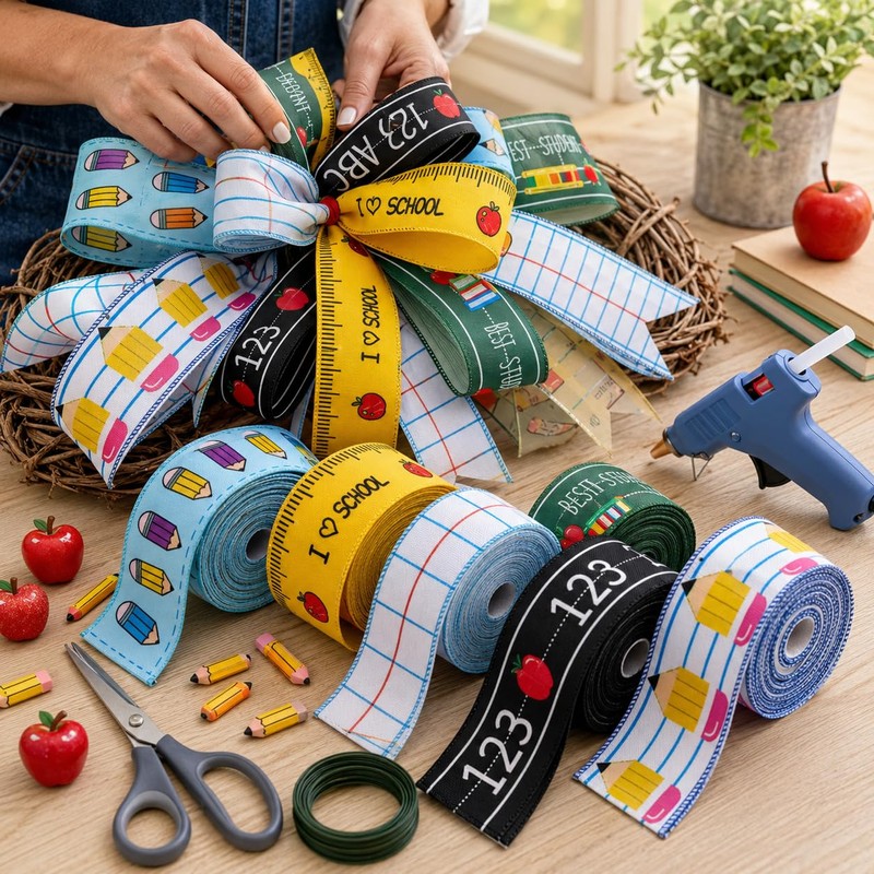 6 Rolls Back to School Wired Edge Ribbons, 24Yards x