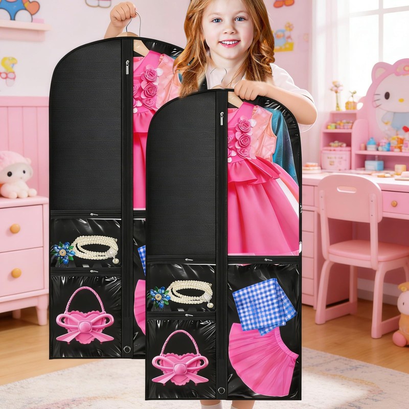 2 Pack Dance Costume Bags with 3 Transparent Zipper Pockets,