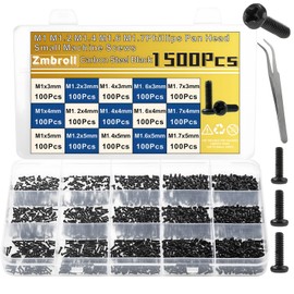 Zmbroll 1500Pcs Tiny Micro Repair Screw Metric M1/M1.2/M1.4/M1.6/M1.7 Black Carbon Steel Phillips Pan Head Small Machine Screws Assortment for Eyeglasses,Watches,Clocks,Mobile Phone