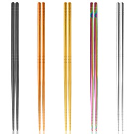 5 Pairs Stainless Steel Chopsticks Reusable Dishwasher Safe 5 Colors 18/8 Metal Chopsticks Set Cute Lightweight Non-slip Japanese Korean Chinese Chopstick for Cooking Eating, 8.9" 13 Rings Pattern