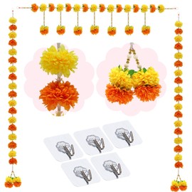 Marigold Flower Garland for Indian Wedding Decor - 3PCS 5FT Artificial Fabric Marigold Toran for Diwali, Ganpati, Pooja, Wedding Party Deepavali Background Decoration Door Entrance Wall Hanging