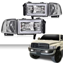 DOTCOM LED Light Strip Headlight w/o Bulbs, Compatible with Dodge Ram 1500 1994-2001/Fit Dodge Ram 2500 3500 1994-2002 Clear Lens Chrome Housing Clear Reflector