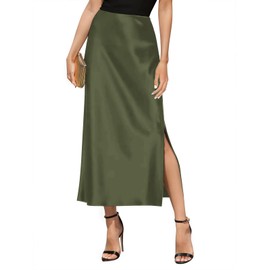 Amy Babe Women's Satin Long Skirt Dressy 2024 Summer High Waisted Silk A Line Split Elegant Maxi Skirts Army Green Small