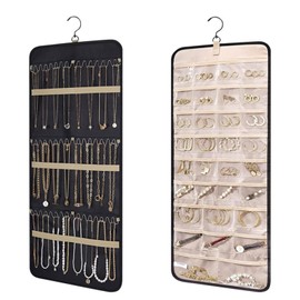COREJOY Organizador de joyas colgante, rollo organizador de joyas, estante de joyería de doble cara con ganchos de metal y 20pk Bolsa de polvo, para collares, aretes, anillos, negro (L)