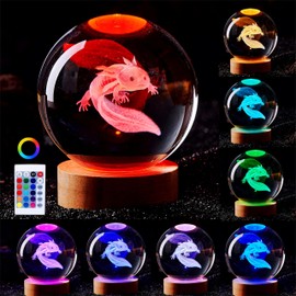 3D Axolotl Crystal Ball Lamp, Upgraded 3.15 Inch Axolotl Crystal Ball Night Light with 16 Colors LED Wooden Base, Remote Control, Gift Box Packaging, Home Decor Gift for Friends (Axolotl)