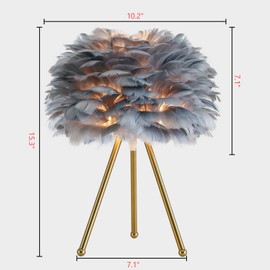 Capslpad 15.3" Feather Tripod Table Lamp Grey Modern Desk Lamp Small Bedside Lamp with Gold Finish Nightstand Lamp for Living Room Kids Room Bedroom Nursery Room Girls Room Decor