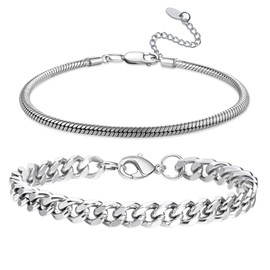 2PCS Stainless Steel Cuban Bracelets, 19/20/21cm Men's Stainless Steel Bracelet, Cuban Link Chain Bracelet, Chain Bracelet for Men Women, Hip Hop Cuban Link Bracelet, Mens Bracelets Cuban (20cm, A)