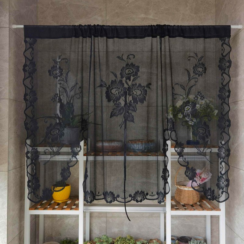 NewWPKIRA 1 Panel Black Floral Embroidery Sheer Lace Curtain Valance