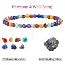 Farfume Tiny 4 mm Gemstone Beads Petite Bracelet for Women, Crystal Silver 925 Natural Stone Jewellery Elastic Bracelets Women, Chakra Spiritual Charms Bracelets Valentine's Day Gifts (Chakra)