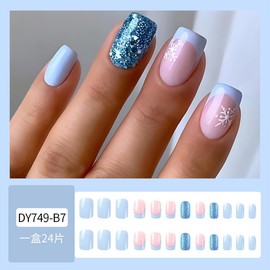 Christmas Blue French Tip Press on Nails Short Square Fake Nails Blue Glitter Full Cover Glue on Nails Snowflake False Nails Winter Artificial Nails Nude Pink Stick on Nails for Women Manicure 24Pcs