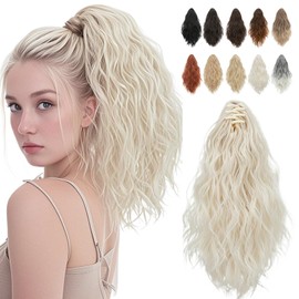LeadWave Short Ponytail Extension Claw Clip In Platinum Blonde, Curly Wavy Hair For Women 12 Inch Hair Piece Faux Fake Mini Grab Clip In Pony Tails Hairpieces Fluffy Synthetic Soft No Damage