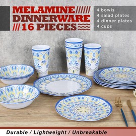 DAPOTO Melamine Dinnerware Set for 4-16 Pcs:Camping Dishes Set with Dinner Plates,Salad Plates, Bowls and Cups.Lightweight and Unbreakable.Indoor and Outdoor Use.