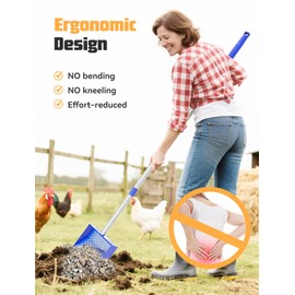 Chicken Poop Scooper & Rake, Metal Sifting Shovel 10" Wide Metal Head, Adjustable Handle to 74", Chicken Coop Scooper with Adjustable Handle for Chicken Coop & Pet Waste Cleaning