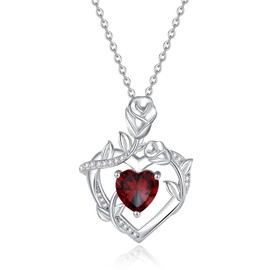 Fancime Women's Birthstone Necklace, Blossom Heart, Rose, 12 Months, Birthstone, Open Heart, Rose Zirconia, Sterling Silver, Girlfriend, Birthday, Anniversary, Christmas Gift