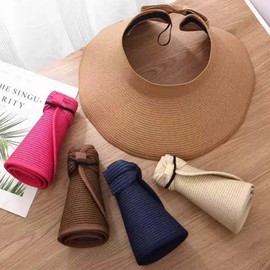 Sun Visor Hats for Women Wide Brim Straw Ponytail Summer Beach Hat UV UPF Packable Foldable Travel,Rolled Brim (US, Alpha, One Size, Khaki)