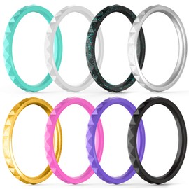 ThunderFit Thin and Stackable Silicone Rings, 8 Pack Silicone Wedding Bands for Women - Diamond Pattern (Gold, Black, Pink, White, Teal, Silver, Glitter Black, 6.5 - 7 (17.3mm))