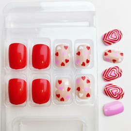 Love Heart Press on Nails Short Square Valentines Fake Nails with Glue Cute Red Pink Heart Design False Nails Valentine Glue on Nails Acrylic Artificial Stick on Nails for Women Girls 24Pcs