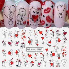 Valentine's Day Nail Art Stickers 2 Sheets Cute Cartoon Nail Art Water Decals Romantic Valentine's Day Nail Decals Nail Supplies for Women Girls Manicure DIY