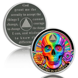 Rainbow Skull Sobriety Coin Double Flower Sobriety Chip AA Chips and Medallion AA Coin Alcoholics Anonymous Coin Serenity Prayer Coin Recovery Chip Sobriety Token Sobriety Gifts for Men Women