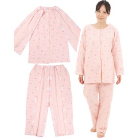 Magokoro Nursing Pajamas, Women's, Full Open, 100% Cotton, Autumn/Winter (Includes Velcro Replacement), pink dot