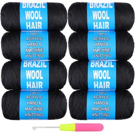 8 Roll Natural Black Brazilian Wool Hair Yarn for African Crochet Braids Senegalese Twists Crochet Hair Jumbo Braids Soft Faux Locs Goddess Locs Synthetic Hair Extensions