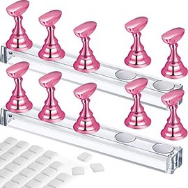 Juego de 2 soportes de práctica de diseño de uñas acrílicas, soportes magnéticos para uñas de entrenamiento, soportes de cristal de uñas de bricolaje y 96 piezas de masilla adhesiva reutilizable blanca (metal rosa rosa)