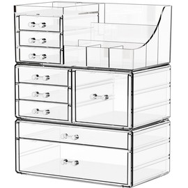 Yieach 3 Pack Clear Makeup Organizer Countertop for Dresser,Vanity and Bathroom Counter Organizer,Tiered Stackable Makeup Acrylic Organizers with 9 Drawer for Skincare,Brush and Make up Holders