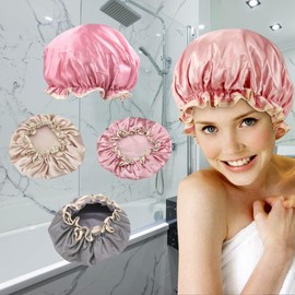 BEE VIBES Gorra de Baño Satín 3 Pack Doble Capa Impermeable Mujer 3 piezas, satín + EVA, 27 cm, reutilizable, Rose Gold, plateado, rosa, cabello rizado