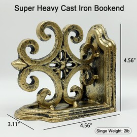 Decorative Bookends, Cast Iron Book Ends for Shelves, Set of 2 Heavy Duty Bookend Supports Book End Book Holder (Antique Gold)