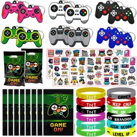Pack of 44 Video Games Party Bags Children's Birthday Game Party Favours Set with Key Ring Snap Bracelets Gift Bags Tattoo Stickers for Children Boys Girls Birthday Decoration