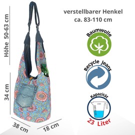 Sunsa Damen nachhaltige Hobo Tasche. Umhängetasche aus recycelte Jeans & Baumwolle. Boho Blumig Crossbody Bag beidseitig verwendbar.