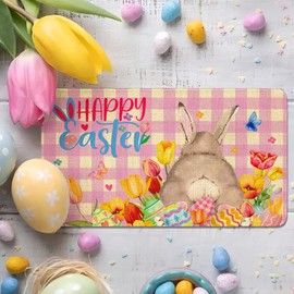 Easter Door Mat 30" X 17" Happy Easter Doormat with Bunny Eggs Tulips Holiday Creative Decorative Seasonal Burlap Welcome Floor Mat for Outdoor/Indoor