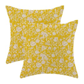 Jecuwo Yellow Floral Throw Pillow Covers 18x18 Set of 2, Flower Print Decorative Pillow Cover Neutral Vintage Decoration Outdoor Cushion Cover Yellow Floral Pillowcase for Sofa Couch Farmhouse Room