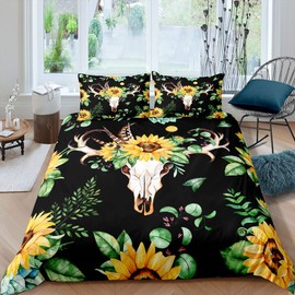 Feelyou Sunflower Comforter Cover Set Yellow Flowers Cow Skull Bedding Set Botanical Floral Leaves Duvet Cover Set Boho Trippy Quilt Cover with 1 Pillowcase Twin Size