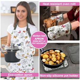 Alselo Oven Mitts and Pot Holders with Chaf Apron,set of 5 Heat Resistant Kitchen Gloves and Silicone Non-Slip Potholders Adjustable Neck Buckle Apron, Cotton Nice Design for Cooking (Butterfly)
