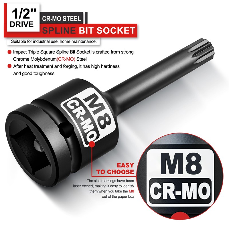 KIRXST Impact Triple Square Spline Bit Socket, 1/2" Drive M8