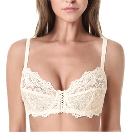 WingsLove Women's Floral Lace Bra Underwire Non Padded Soft Cup Full Coverage Nude 42DDD