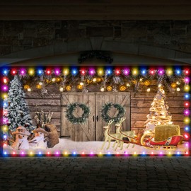7 x 16 ft Christmas Barn Garage Door Banner Large Christmas Backdrop Decor with LED String Lights Christmas Door Decorations Holiday Vinyl Cover Garage Banner for Outdoor Christmas Garage Door