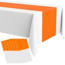 Oudain 6 Pcs Disposable Plastic Tablecloths 54" x 108" for Rectangle Tables Cloths Waterproof Table Cover for Baby Shower Wedding Birthdays Graduation Decoration (Orange,White)