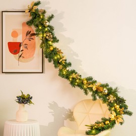 YULETIME 6 Feet Lighted Christmas Garland, Battery Operated with 20 Fairy Lights Artificial Garland, Golden Baubles, Berries, Poinsettia, Green Branches and Pine Needles (Golden Ornaments)