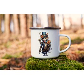 MAXIKIWI Langlebige Emaille-Kaffee- oder Tee-Camping-Tasse für drinnen und draußen, Steampunk-Katzen-Motiv, 2–350 ml