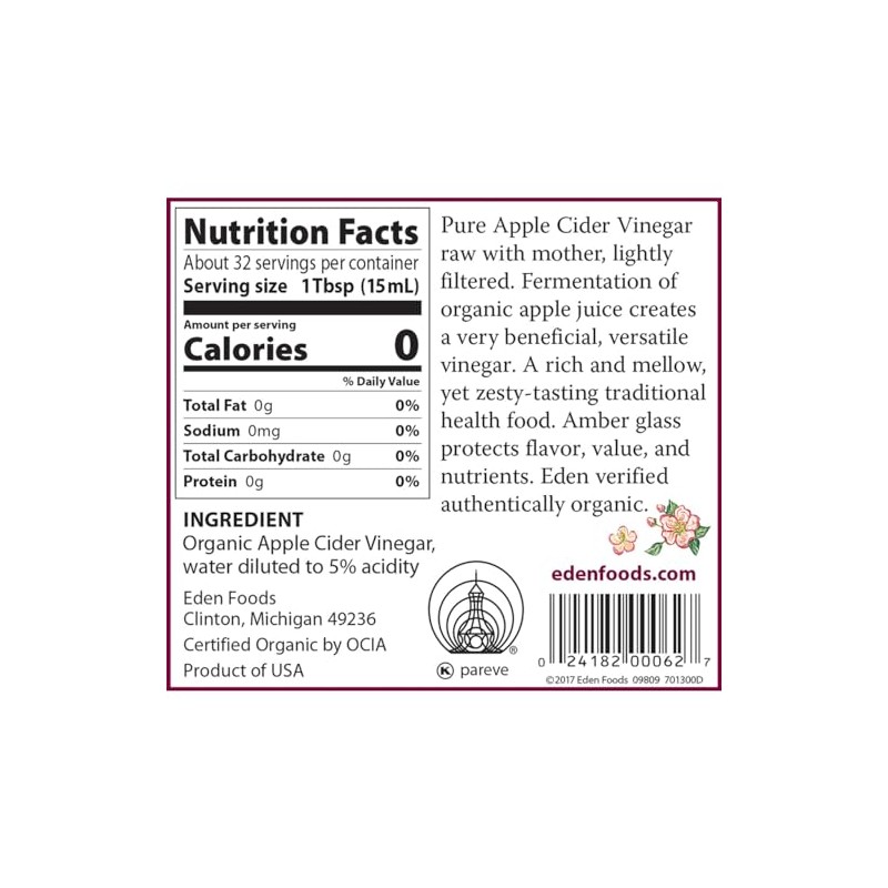 Eden Organic Apple Cider Vinegar, Raw, Unpasteurized with Mother, 16oz