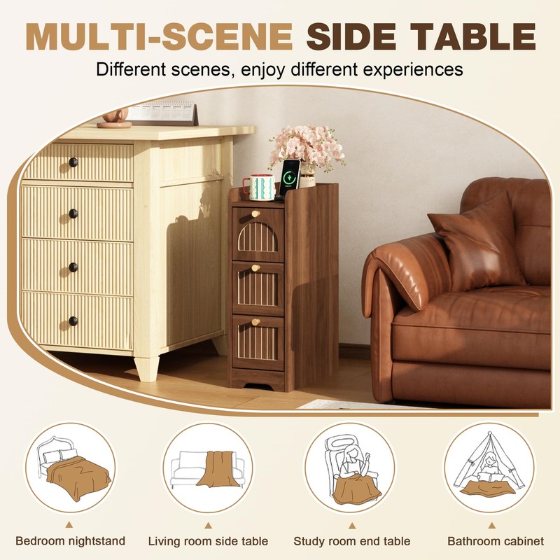 WINWY 7.87" Narrow Nightstand Set of 2, Fluted Slim Bedside