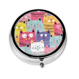 KWSAAHU KWSAAHU 3 Compartment Travel Pill Case, Sealed Portable Pill Container Mini Size Metal Pill Box for Pocket Purse, Three Times a Day Pill Organizer for Men, Women and Children - Colorful Cat Family