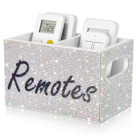 MotiMind Bling Remote Control Holder Rhinestone 2 Compartment Wooden TV Remote Caddy Holder Organizer Storage Box for Table Nightstand with and Label, Sparkly Gifts for Women(White)