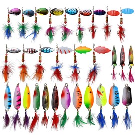 SHADDOCK Fishing Lures Kit Spoon Spinnerbaits Swimbait Crankbaits Minnow Variety Kit Rooster Tail Trout Spinner Salmon Spoons Walleye Assorted Metal Hard Lures Spinners Bait (30pcs Feather Kit)
