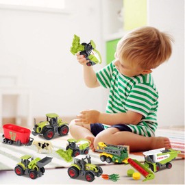 Oriate Kid's Farm Toys Realistic Tractor Vehicle Playset, Diecast Car Set Educational Mini Farm Animals with Flatbed Trailer, Birthday Gift for Children 3+ Year Old