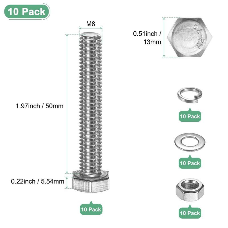 M METERXITY 10-Pack Hex Head Screw Bolt with Nuts Flat