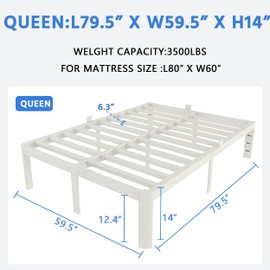 KZZLOL White Bed Frame Queen Size 14 Inch, Metal Queen Bed Frame No Box Spring Needed, Heavy Duty Steel Support 3500 LBS, DIY Headboard, Noiseless, Round Corner Legs, Storage Space, Easy Assembly