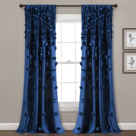 Lush Decor Riley Window Curtain Panel - Charming Handmade Bow Details - Elegant Light Filtering Single Curtain for Living Room, Dining Room, or Bedroom - 54" W x 95" L, Navy